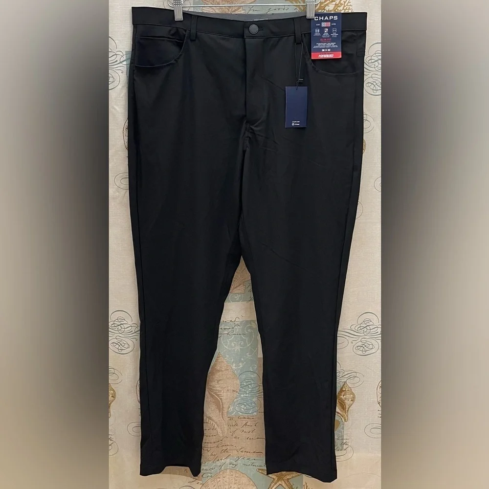 New Chaps Mens 38/32 Solid black dress pants pockets zip Semi Formal Stretch Big